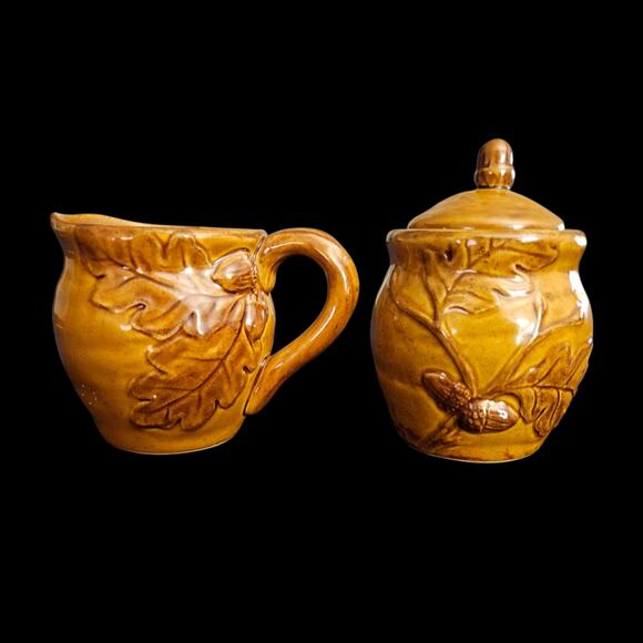 Cracker Barrel Bountiful Harvest Stoneware Sugar & Creamer Set Acorn Oak Leaf - Picture 1 of 7